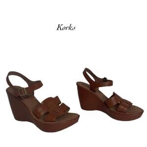 Korks Womens Brown Ankle Strap Leather Wedge Platform Sandals Heels Size 8